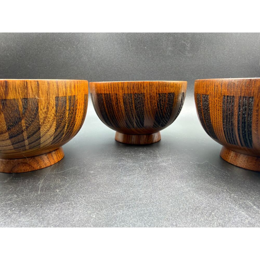 Vintage Japanese Wooden Rice Bowls Set of 3 Lacquered Hand Turned Striped MCM